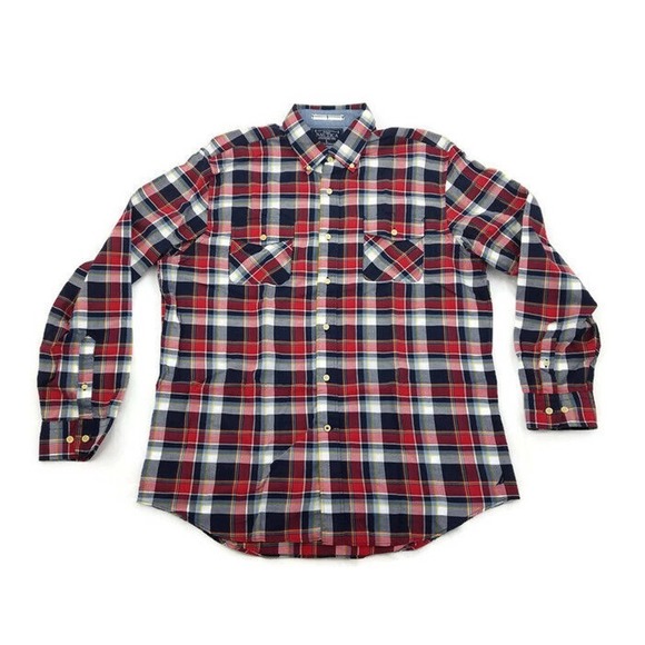 Nautica Mens Red Blue Windowpane Plaid Check LS Casual Button Front Shirt Size L - Picture 1 of 12